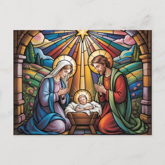 Nativity Stained Glass Art – Holy Family Christmas ポストカード (正面)