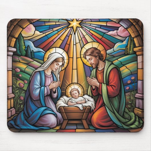 Nativity Stained Glass Art – Holy Family Christmas マウスパッド (正面)