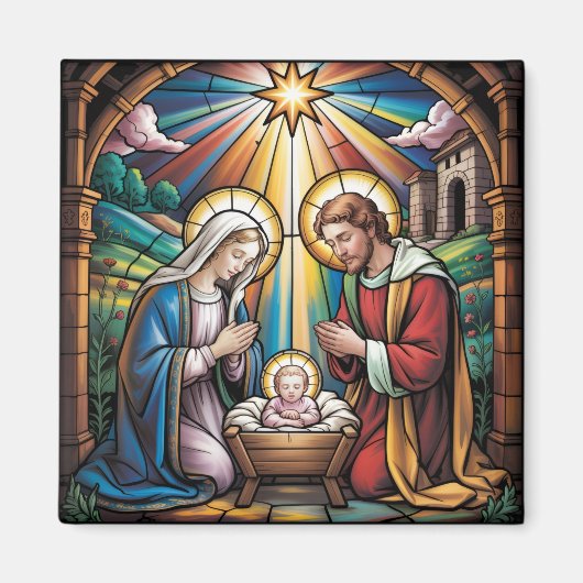 Nativity Stained Glass Art – Holy Family Christmas マグネット (正面)