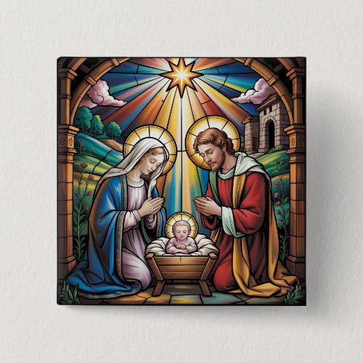 Nativity Stained Glass Art – Holy Family Christmas 缶バッジ (正面)