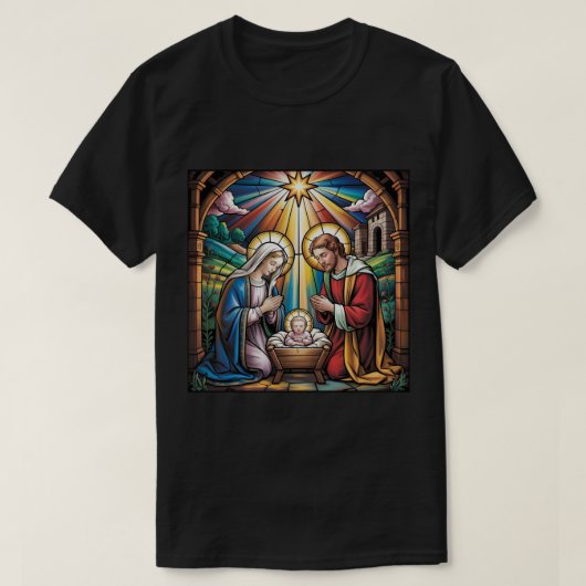 Nativity Stained Glass Art – Holy Family Christmas Tシャツ (デザイン正面)