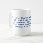 "NATO"発音文字、アルファからズル コーヒーマグカップ (正面左)