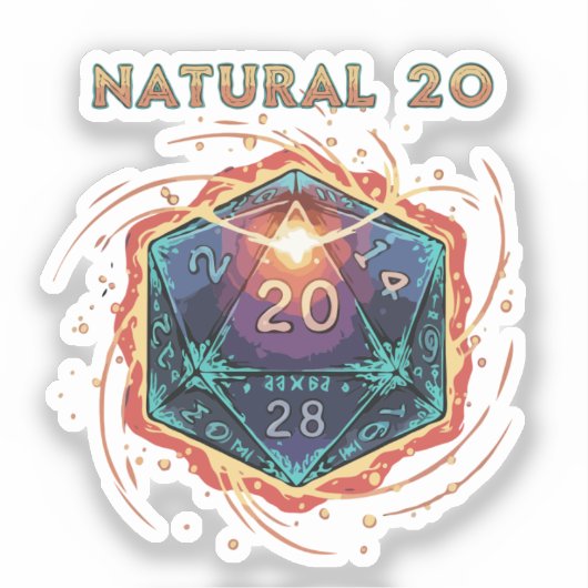 Natural 20 Flaming D20 Dice | Epic D&D Critical シール (正面)