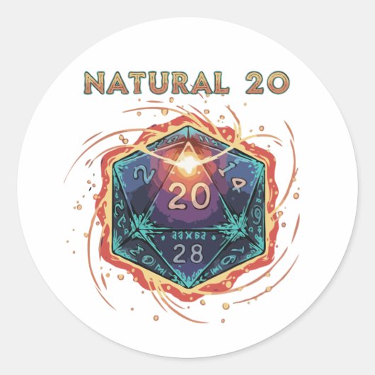 Natural 20 Flaming D20 Dice | Epic D&D Critical   ラウンドシール (正面)