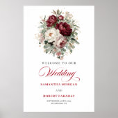 Natural Boho Marsala Floral Greenery Welcome Sign ポスター (正面)