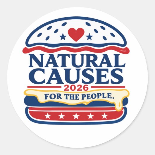 "Natural Causes" サテirical政治Tシャツ ラウンドシール (正面)