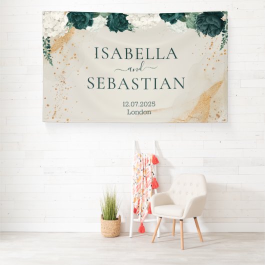 Natural Emerald Green & Blush Rose Floral Wedding 横断幕 (インサイチュ)