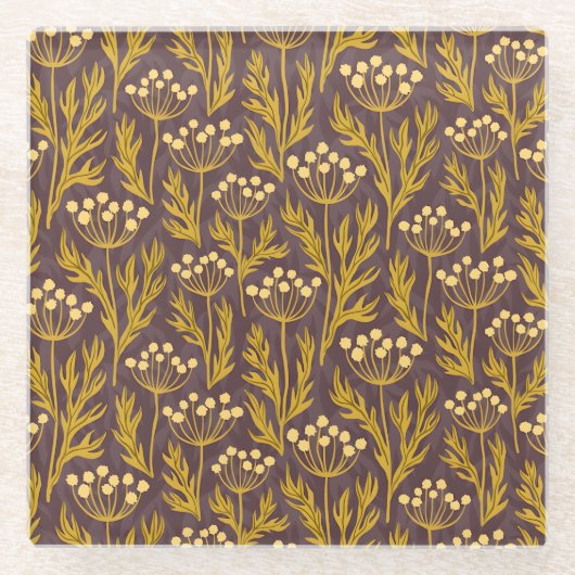 Natural Floral Pattern: Golden Accents  Dark Canva ガラスコースター (正面)