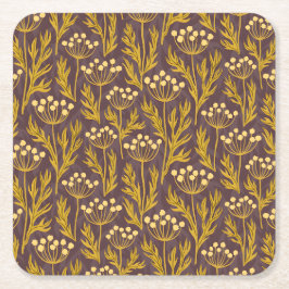 Natural Floral Pattern: Golden Accents  Dark Canva スクエアペーパーコースター