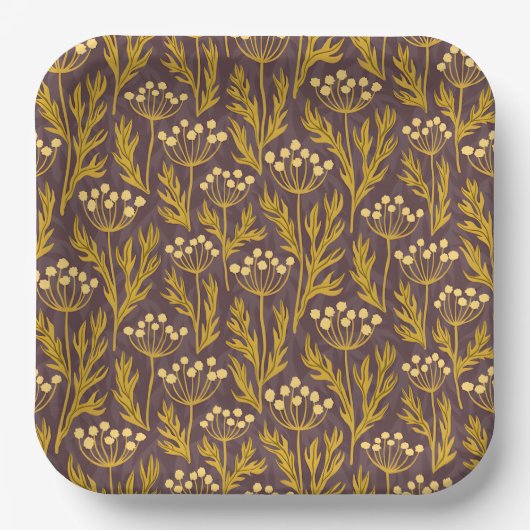 Natural Floral Pattern: Golden Accents  Dark Canva ペーパープレート (正面)