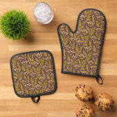 Natural Floral Pattern: Golden Accents  Dark Canva 鍋つかみ&鍋敷きセット (トップダウン)