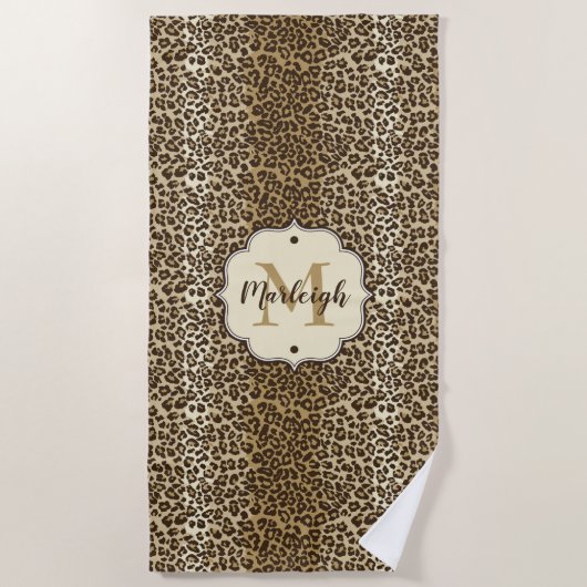 Natural Leopardプリントカスタムモノグラム名 ビーチタオル (正面)