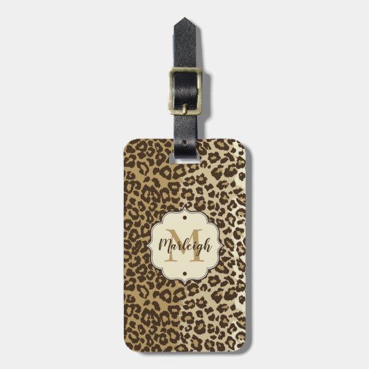 Natural Leopardプリントカスタムモノグラム名 ラゲッジタグ (正面縦)