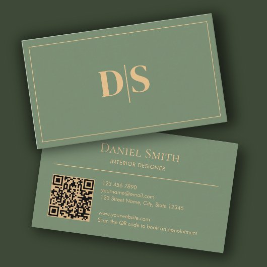 Natural Minimalist Muted Green Initials QR Code 名刺