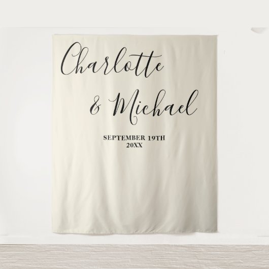 Natural White Script Minimalist Wedding Backdrop タペストリー (正面)
