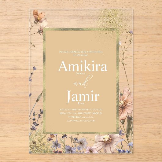 Natural Wildflowers Bohemian Wedding アクリル招待状 (正面)