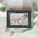 Naturally Joyful | Elegant Watercolor Photo シーズンカード<br><div class="desc">This simple and elegant nature-inspired holiday card features your favorite horizontal or landscape-oriented photo adorned at the corners with sprigs of graceful forest green watercolor foliage. Personalize with your custom greeting (shown with "Joy to the World"), the year, and your family name in modern lettering. An elegant botanical design for...</div>