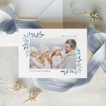 Naturally Joyful | Elegant Watercolor Photo シーズンカード<br><div class="desc">This simple and elegant nature-inspired holiday card features your favorite horizontal or landscape-oriented photo adorned at the corners with sprigs of graceful icy blue watercolor foliage. Personalize with your custom greeting (shown with "Joy to the World"), the year, and your family name in modern lettering. An elegant botanical design for...</div>