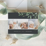 Naturally Joyful | Holiday Photo Collage Card シーズンカード<br><div class="desc">Send holiday greetings to friends and family in chic style with our elegant photo collage cards. Graceful sprigs of forest green painted watercolor mistletoe frame three of your favorite square photos arranged in a side by side layout on a dramatic charcoal background. Your custom greeting (shown with "Christmas Joy") appears...</div>