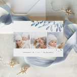 Naturally Joyful | Holiday Photo Collage Card シーズンカード<br><div class="desc">Send holiday greetings to friends and family in chic style with our elegant photo collage cards. Graceful sprigs of icy blue painted watercolor mistletoe frame three of your favorite square photos arranged in a side by side layout on a crisp white background. Your custom greeting (shown with "Christmas Joy") appears...</div>