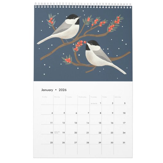 Nature Art Calendar with Backyard Birds & Flowers カレンダー (1月 2026)