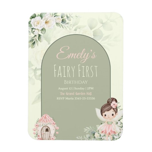 Nature Cute Flower Fairy 1st Birthday Invitation マグネット (縦)