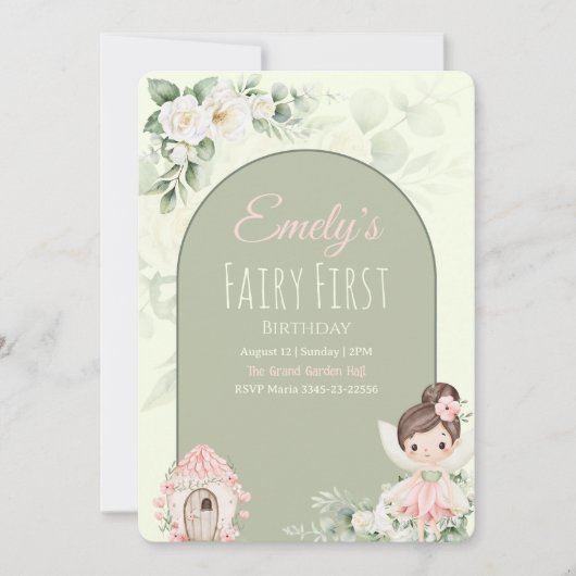 Nature Cute Flower Fairy 1st Birthday Invitation 招待状 (正面)