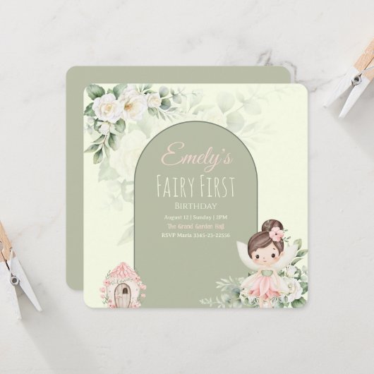 Nature Cute Flower Fairy 1st Birthday Invitation 招待状 (正面/裏面インサイチュ)