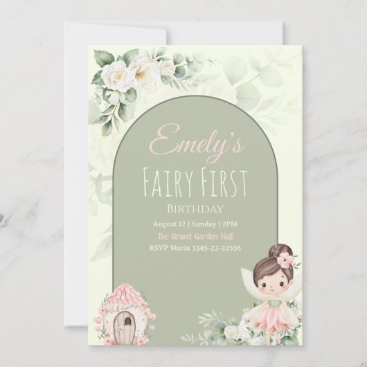 Nature Cute Flower Fairy 1st Birthday Invitation 招待状 (正面)