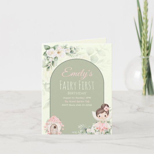 Nature Cute Flower Fairy 1st Birthday Invitation 招待状 (正面)