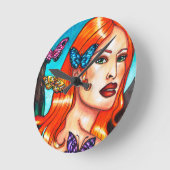 Nature Girl Butterflies original fantasy art Canva ラウンド壁時計 (傾斜)