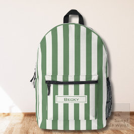 Nature Green and White Stripes and Name プリントバックパック