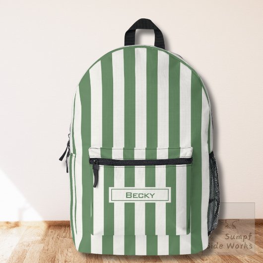 Nature Green and White Stripes and Name プリントバックパック