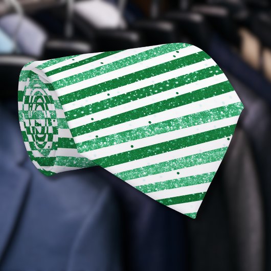 Nature Green White Horizontal Glitter Stripes ネクタイ