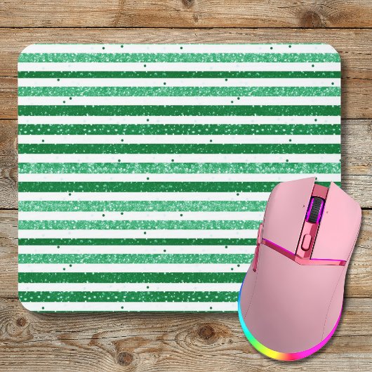 Nature Green White Horizontal Glitter Stripes マウスパッド