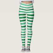 Nature Green White Horizontal Glitter Stripes レギンス (正面)