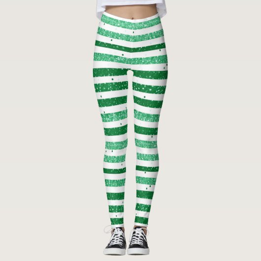 Nature Green White Horizontal Glitter Stripes レギンス (正面)