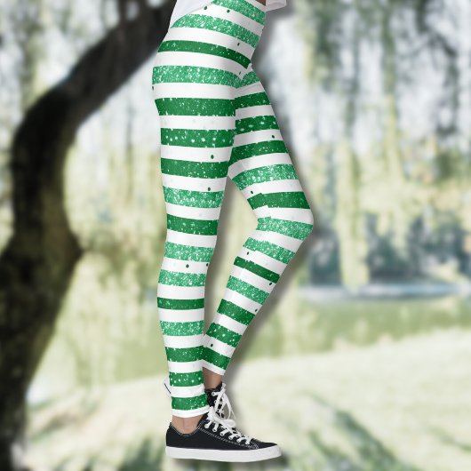 Nature Green White Horizontal Glitter Stripes レギンス