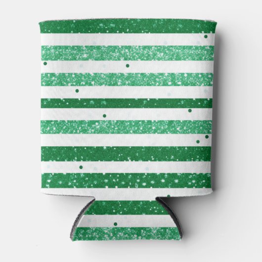 Nature Green White Horizontal Glitter Stripes 缶クーラー (正面)