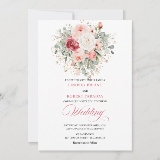 Nature-Inspired Blush Roses Boho Wedding Invite 招待状 (正面)