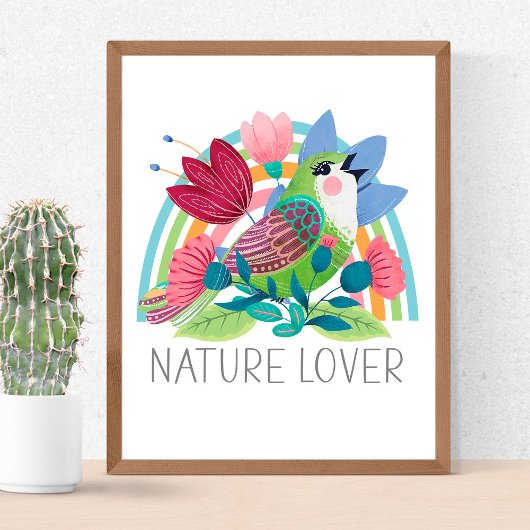 Nature Lover Watercolor Bird Flowers Rainbow Color ポスター