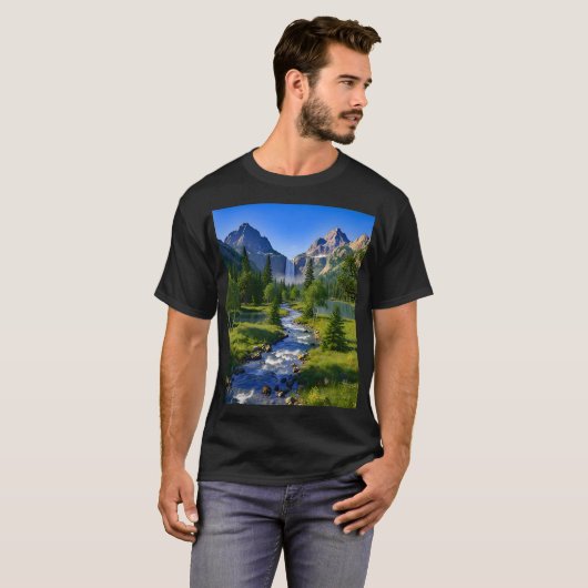 Nature Mountains Waterfall River Trees Flowers Tシャツ (正面フル)