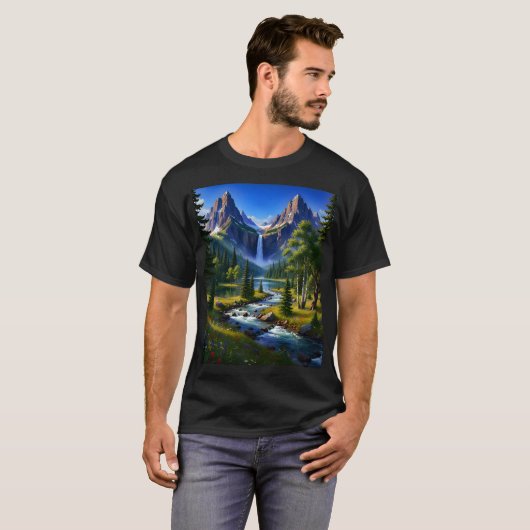 Nature Mountains Waterfall River Trees Flowers Tシャツ (正面フル)