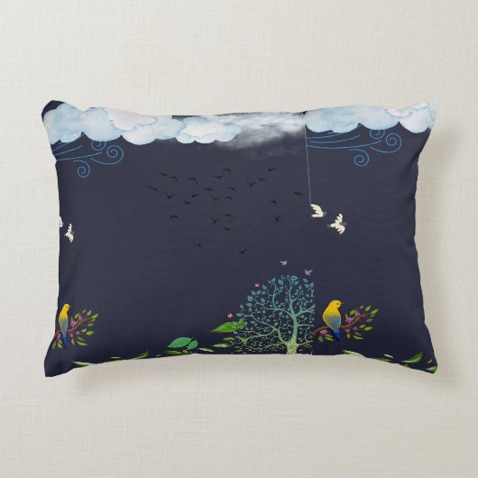 Nature’s Whisper – Birds and Clouds Decorative Pil アクセントクッション (正面)