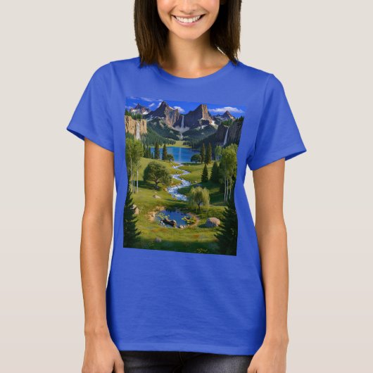 Nature Scene Mountains Waterfalls Lake Stream Pond Tシャツ (正面)