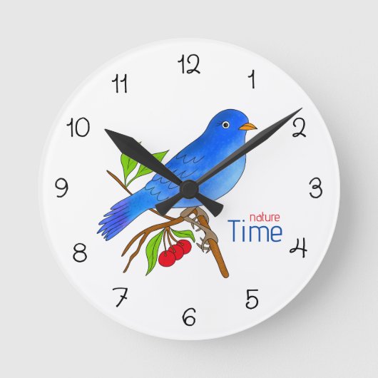 Nature Time – Blue Bird Floral Wall Clock ラウンド壁時計 (正面)