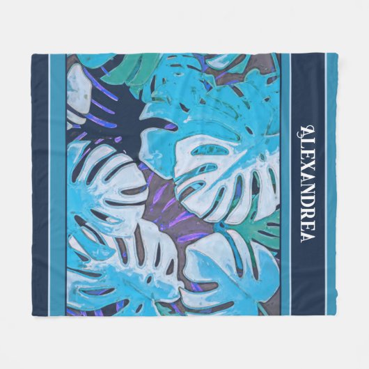  Nature Tropical Blue Leaf Pattern Modern Custom  フリースブランケット (正面(横))