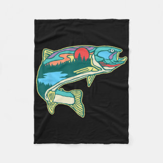 Nature Trout Illustration Vintage Fly Fishing Retr フリースブランケット