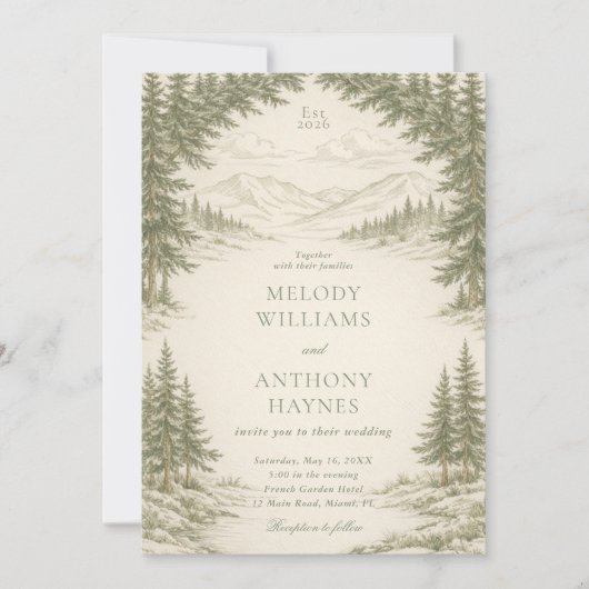 Nature Wedding with Pine Trees Mountain Landscape 招待状 (正面)