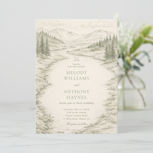 Nature Wedding with Pine Trees Mountain Landscape 招待状 (スタンド正面)